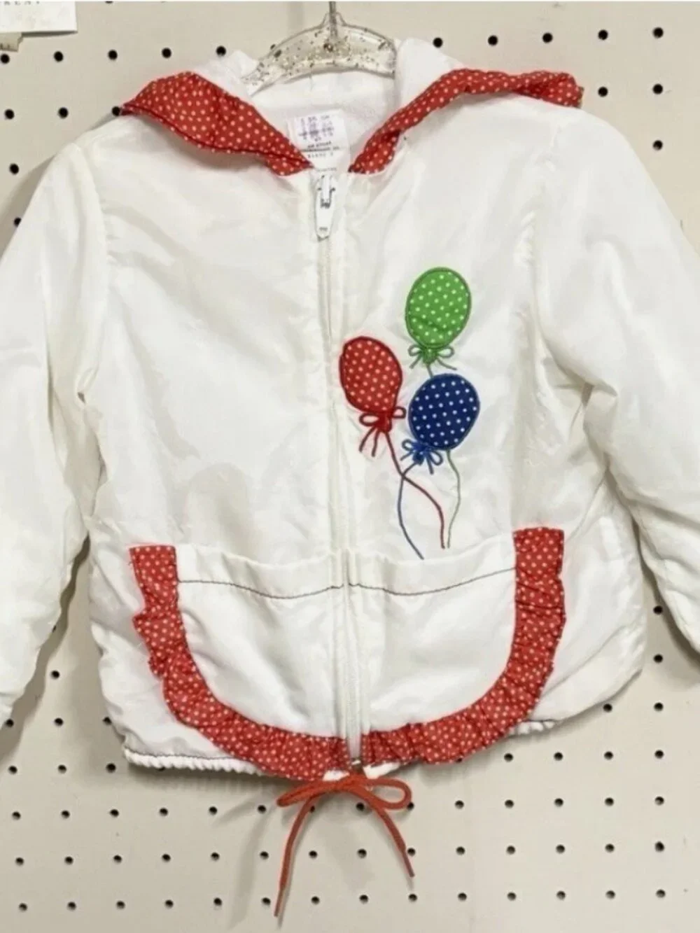 Vtg 80s Balloon Embroidered Baby Windbreaker Jacket 24M Polka Dot Hood